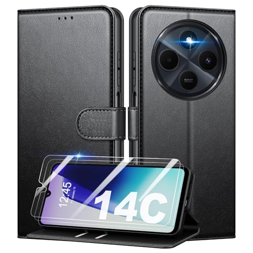 Mofurd Handyhülle für Xiaomi Redmi 14C/ Xiaomi Poco C75 Hülle Mit 2 Panzerfolie, [RFID-Blockierung] [Kartenfach] [Ständer] Premium PU Magnet Klappbar hülle mit Panzerglas, Multifunktional, Schwarz