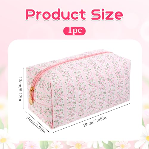 Floral Makeup Bag Travel Cosmetic Bag Organizer Aesthetic Quilted Cute Pink Flowers Zipper Toiletry Make Up Pouch Portable Cloth Storage for Women Girls Pen Case2