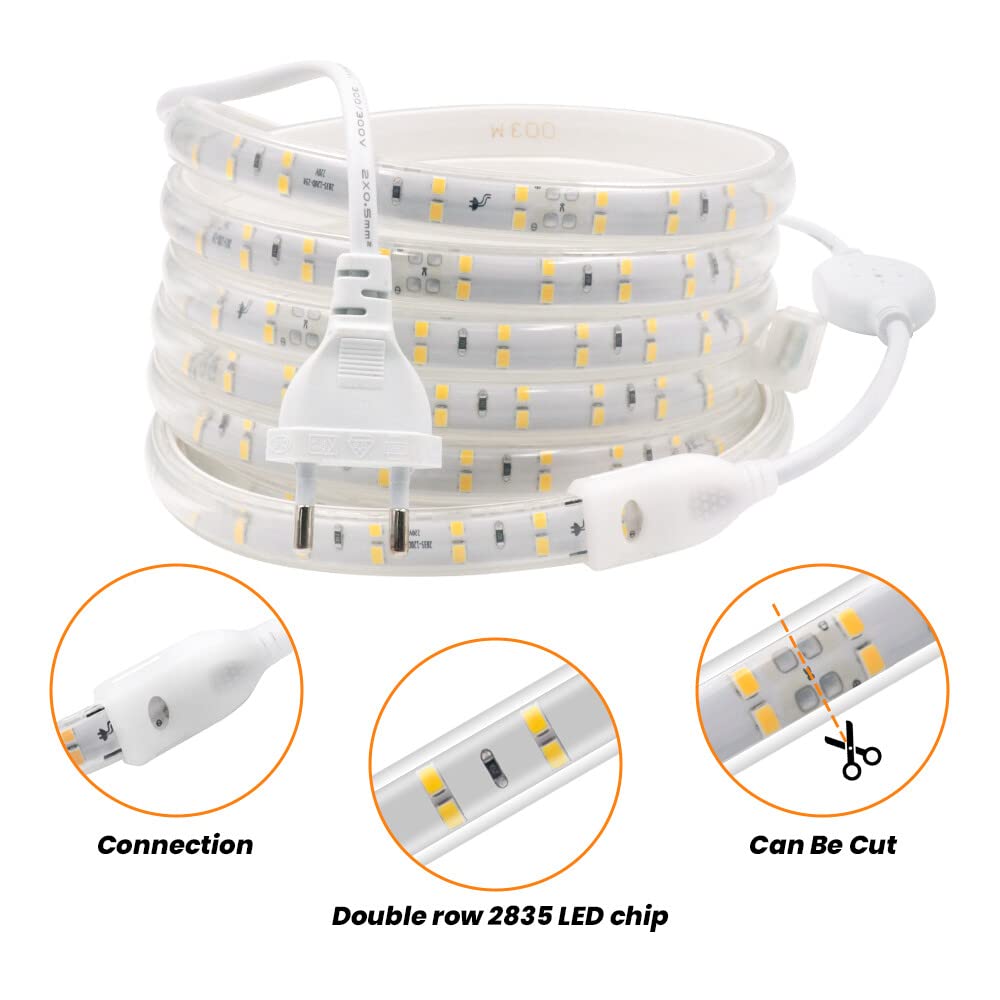 Tira LED Doble Fila 15m, 220V SMD 2835 120LEDs/m Tira Flexible Superbrillante, IP65 Impermeable, Tira de luz LED Blanco Natural con interruptor para Navidad, Bodas, Dormitorios y Armarios