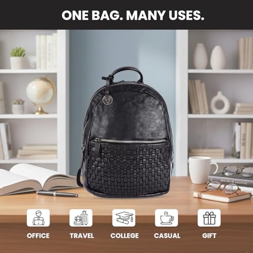 Image of Genuine Leather Backpack for Men, Casual Backpack for Women Office Bag with Adjustable Shoulder Strap (VL-054-BLACK)