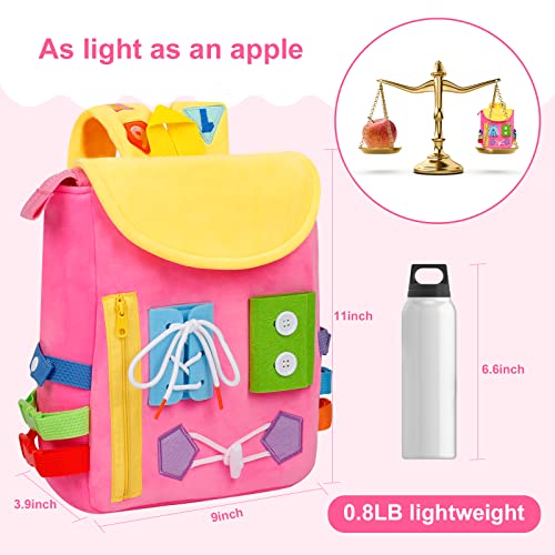 Image of Busy Board - Toddler Backpack with Buckles and Learning Activity Toys - Develop Fine Motor Skills and Basic Life Skills - Learn to Tie Shoes - Children's Travel Toy (Pink)