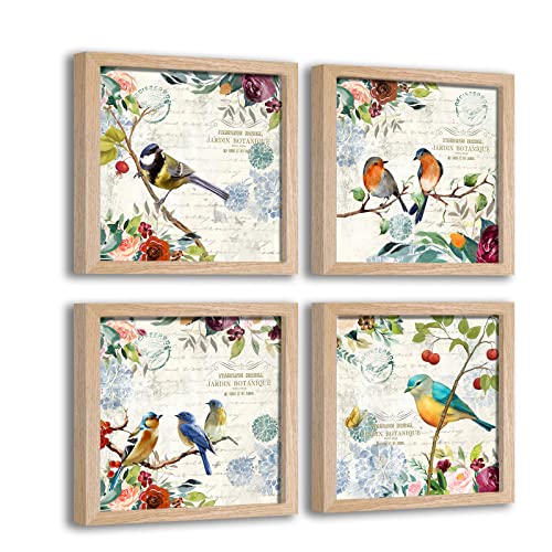 Framed Living Room Wall Art Bird Bedroom Kitchen Wall Decor Vintage Solid Oak Wood Framed Mdf Backboard 14" X 14" 4 Pieces #TOP4