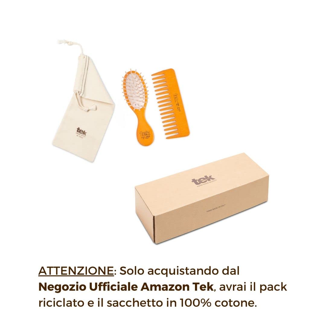 TEK - Kit da Borsetta: Spazzola Ovale Piccola e Pettine Piccolo Rado Arancioni con Custodia in Cotone, Handmade in Italy
