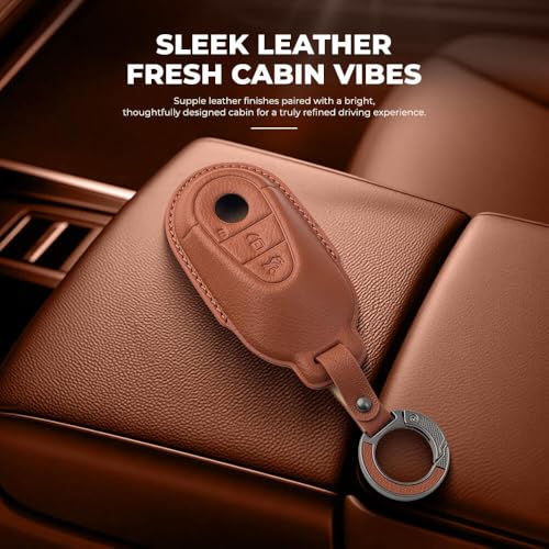 Image of Keyzone Premium Leather Key Cover & AC Vent Car Perfume Combo (4 Fragrances) | Compatible for Mercedes Benz S-Class, G-Class, E-Class 2022 Onwards 3 Button Smart Key (Brown)