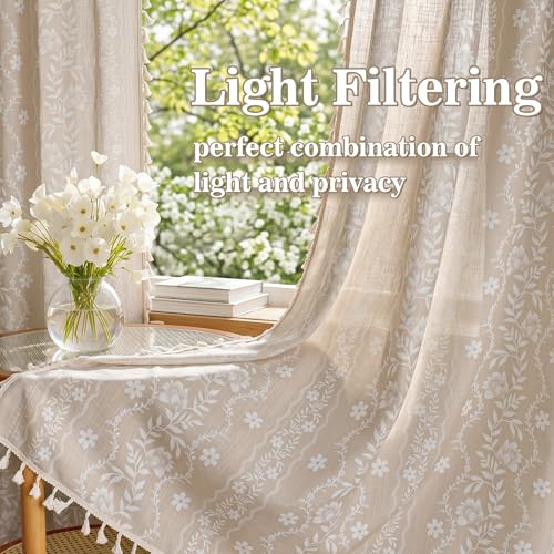 Image of MYSKY HOME Short Tiers Curtains 24 Inch Length Boho Floral Linen Blend | Small Cafe Window Tier Curtains for Farmhouse Vintage Drapes with Tassel Rod Pocket, Fog Taupe, 26 inch Wide, 2 Panels