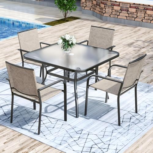 Image of Anmutig 5-Piece Outdoor Patio Dining Set 37-Inch Square Glass Table with 4 Stackable Chairs for Lawn Backyard and Deck, Beige Grey