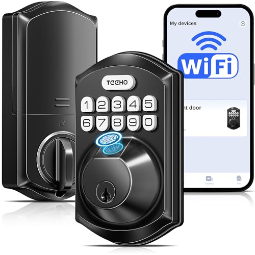 TEEHO TE012W WiFi Smart Lock, Fingerprint Door Lock with Built-in Wi-Fi, Keyless Entry Keypad Smart Deadbolt, App Remote Control, Alexa Compatible, IP55 Waterproof for Front Door – Matte Black