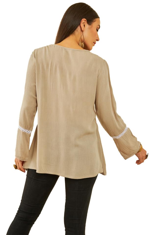 Soch Womens Beige Crepe Yoke Design Embroidery Tunic with Lace 1