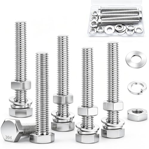 Image of 5 Sets 3 /8-16 x 2-1 /2 inch Stainless Steel Hex Head Screws Bolts, Nuts, Flat & Lock Washers,18-8(304) Full Thread