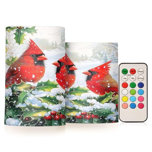 Image of Flickering Flameless Candles, Red Cardinals Holly Christmas LED Candles with Remote Timer, Set of 2 Battery Operated Candle for Valentine Wedding Birthday