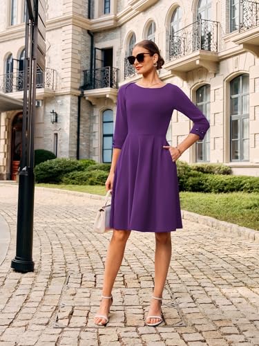 Image of GRACE KARIN Work Dresses for Women 2025 3 /4 Sleeve Fit and Flare Business Midi Dress Classy Office Dresses with Pockets
