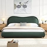 King Size Chenille Platform Bed, Elegant Curved Headboard, Sturdy Solid Wood Slats, 12 Hardwood Support Legs, No Box Spring Needed, Skin-Friendly Upholstery, Easy Assembly, Olive Green