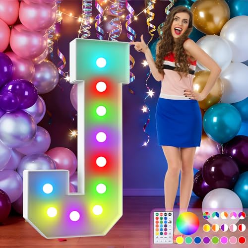 Image of 4FT Colorful Marquee Letters,18-Color Letter J with Remote Control Large Light Up Numbers Sign,Pre-Cut Foam Board Set for Party Decoration, Birthdays, Weddings, Graduations, Baby Anniversaries
