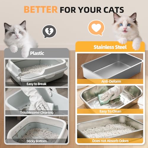 Image of WoofiGo Enclosed Stainless Steel Cat Litter Box with Lid, XL Extra Large Litter Box for Big Cats, Metal Litter Pan High Sided, Never Absorbs Odors, Anti-Urine Leakage, Include Scoop (65-LightGray)
