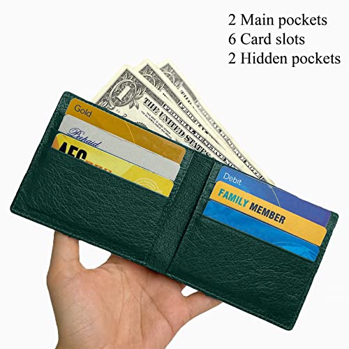 Image of HATA Green Ostrich Leather Bifold Wallet for Men, Double-Sided Ostrich Billfold with RFID Blocking, Handmade Leather Wallet Gift for Birthday, Anniversary, Father's Day VINAMOS-08