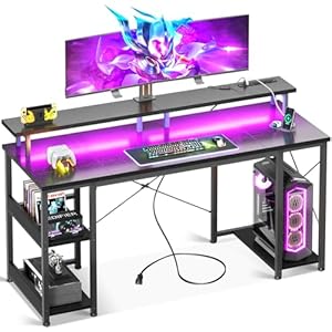 ODK 55 inch Gaming Desk with LED Lights & Power Outlets, Computer Desk with Monitor Stand & Storage Sheves, CPU Stand, Home Office Desk, Black