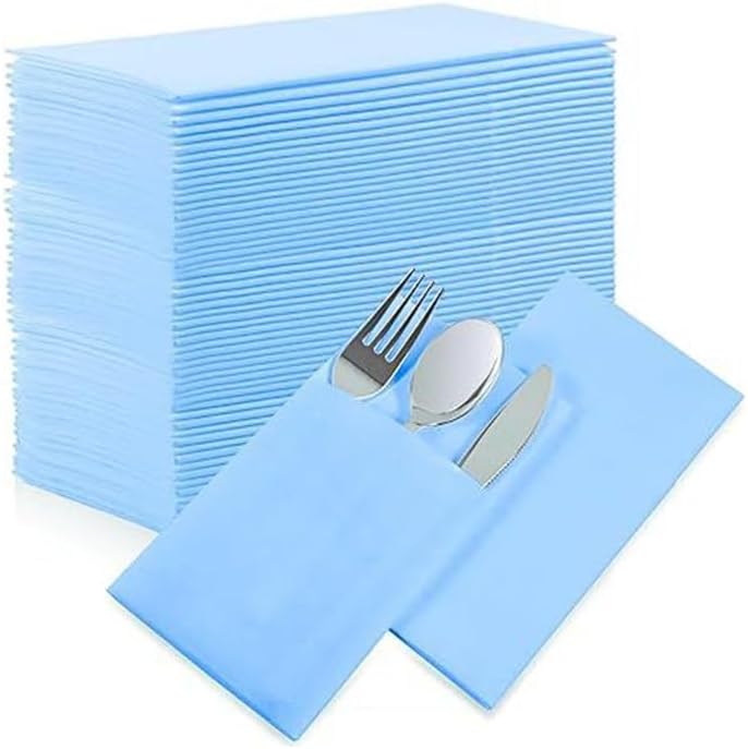 50 Pcs Pocket Dinner Napkins, Disposable Linen-Style Napkins with Cutlery Pouch, Pre-Folded for Weddings, Parties & Daily Use(Light blue)