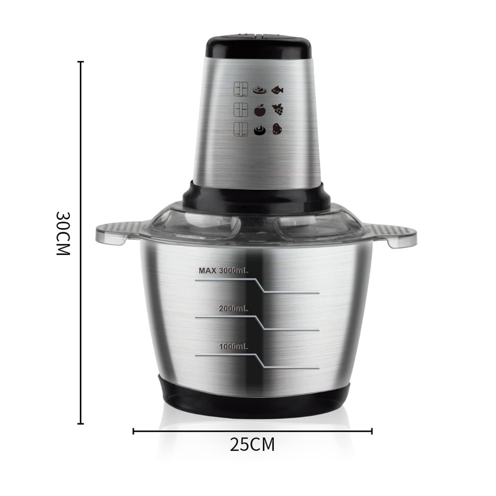 Picadora eléctrica de alimentos, picadora de carne de 1000 W con 4 cuchillas, cuenco de acero inoxidable de 3 L, procesador de alimentos versátil para carne, verduras y frutas