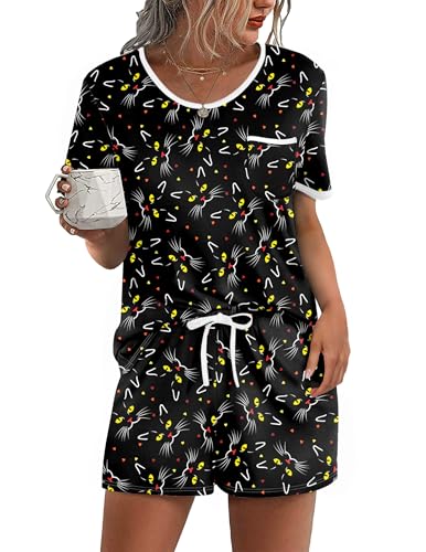 Image of Ekouaer Pajama Set for Women 2 Piece Lounge Set Short Sleeve Tops and Shorts Soft Sleepwear, Chest Pocket