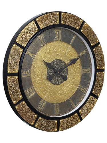 Image of CHRONIKLE Elegance Round Golden Brown Brass Work Wooden Analog Roman Numbers Wall Hanging Clock for Home Office Decor Living Room Bedroom (Size: 60 x 5 x 60 CM | Weight: 5540 Gram)