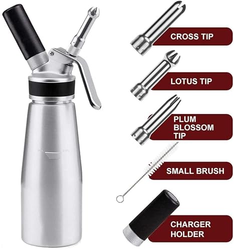 Foto von Namotu Sahnespender Edelstahl sahnesyphon Sahnebereiter, für Schlagsahne, Cremes und Soßen, 500 ml, 6 Dekorations-Düsen, Verwendet Standard N20 Sahnekapseln (Nicht enthalten)
