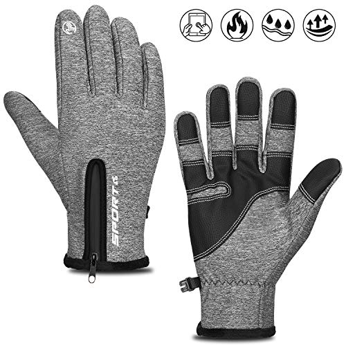 Cevapro Fahrradhandschuhe Outdoor Winddichte Sporthandschuhe Winter Touchscreen Handschuhe Unisex Warme Atmungsaktive Winterhandschuhe mit Reißverschluss für Männer/Frauen (Grau, M)