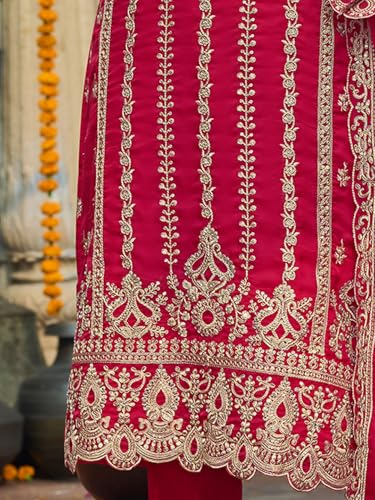 Image of INDO ERA Women's Organza Embroidered Straight Kurta and Pant with Dupatta Set (IEOUT10610)