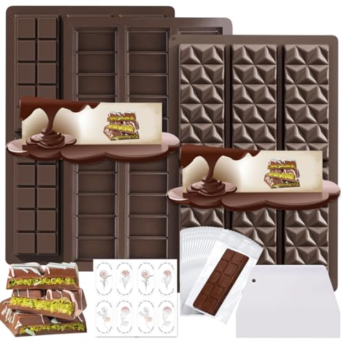 Stampo per Cioccolato in Silicone 3 Pezzi,Stampo per Cioccolato Profondo,Tavoletta, Stampi in Silicone con Raschietto e Borsa e Adesivo,per Pistacchi Cioccolato al Latte