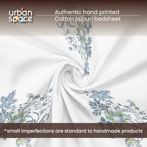 Image of Urban Space 100% Cotton Jaipuri Handblock Printed King Bedsheet with 2 Pillow Covers, 200 TC Cotton King Bed Sheet (Size 108 x 108 inches, Taarini Blue)