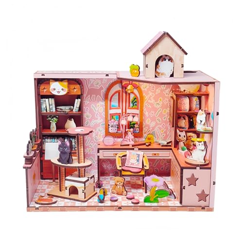 DIY Miniature House Kit, Cat House 3D Wooden Model Craft Kit for Adults, Teens and Beginners, Bookshelf Decor with LED, Gift for Family Friends, Cat Lovers, Ages 14+