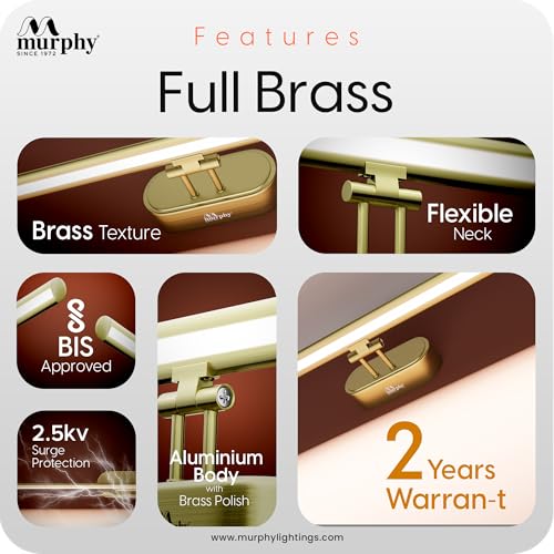 Image of Murphy 12W Colour Changing 3in1 Brass Finish LED Mirror Light (Cool White, Warm White, Neutral White) | Adjustable Angle | Modern Vanity /Dressing /Bathroom Wall Light-Pack of 1
