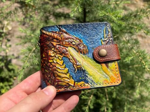 Dragon fire Wallet, Dragon Wallet, 3D Genuine Leather Wallet, Carving Wallet, Bifold Wallet, Biker Wallet, Animal Wallet, Airbrush Art, Custom wallet, Tooled Wallet, A3