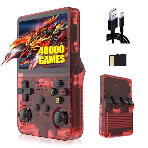 R36S Consola de Juegos 128G,40000+ Juegos Consola Retro Portatil,21 Emuladores,3500mAh,Sistema Linux,Pantalla IPS de 3.5 Reproductor de vídeo,Mini Consola Plug and Play (Rojo Transparente)