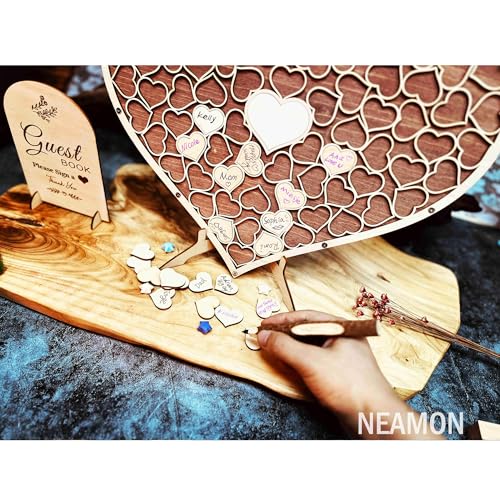Image of Wedding Guest Book Unique Wooden Heart Alternative GuestBook Bridal Shower Wedding Decoration with 83 Wooden Hearts 1 Sign Pen Set (Reddish Brown)