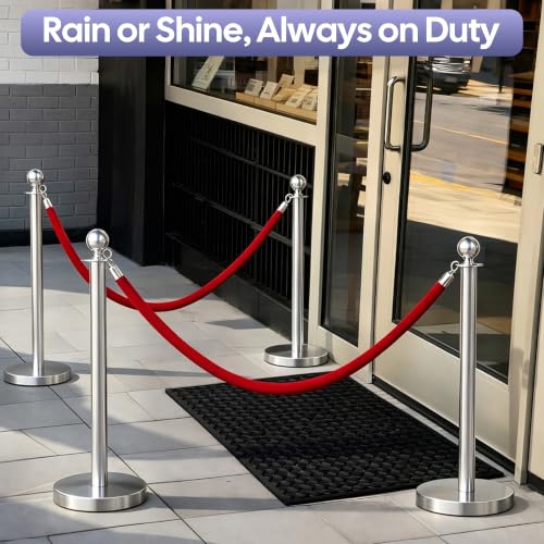 Image of 4 Pack Silver Stanchions and Velvet Ropes Set, Stainless Steel Crowd Control Barriers, 3Pcs Red Ropes and Poles for Party Supplies,Photobooth Accessories,Prom,Birthday,Business,Wedding, Museums