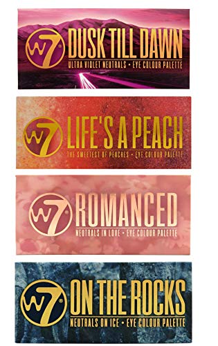 W7 Ultimate Eyeshadow Collection Dusk Till Dawn, Lifes A Peach, On The Rocks & Romanced Set of Four Nudes, Peaches Violet and Neutrals