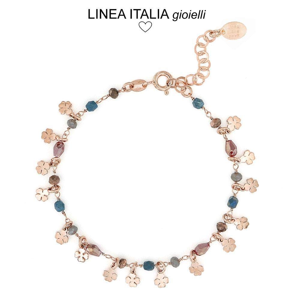 Linea Italia Gioielli - Bracciale per Donna in Argento 925 Placcato Rosa con Quadrifogli e Pietre Colorate - Made In Italy
