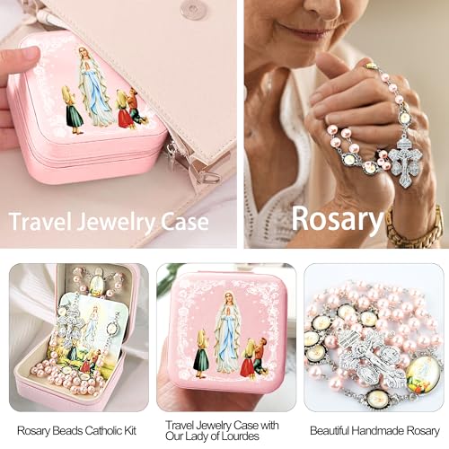Catholic Rosary Necklace for Women with 8MM Glass Pearl Beads - Our Lady of Lourdes & Immaculate Heart of Mary Jewelry Gift, Travel Case, First Communion2