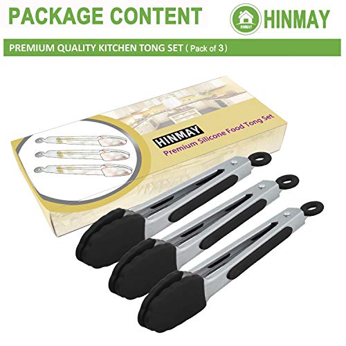 HINMAY Small Serving Tongs with Silicone Tips 7 Inch Mini Stainless Steel Food Tongs, Set of 3 (Black)