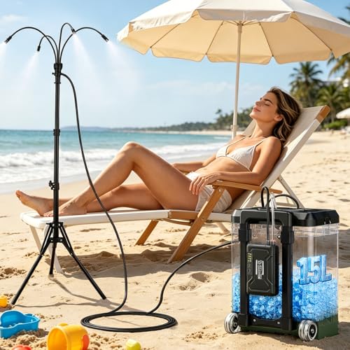 Image of Veubew Misters for Outside Patio with 15L Bucket, Outdoor Misters for Patio Cooling with Adjustable Height(up to 47in), with 10000mAhM Water Pump, 8 Nozzles, for Outdoor Patio Cooling Pool BBQ