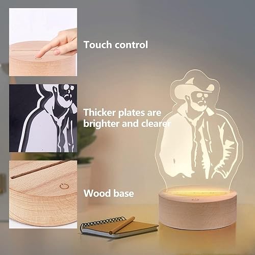 Miniatura 3 de Western Cowboys - Luz nocturna (base de madera), recargable, 3 colores y brillo ajustablecontrol táctil, lámpara de noche de vaqueros, regalo con