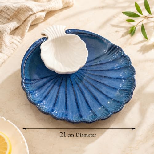 Image of The Earth Store Blue Sea Shell Ceramic Platter - Microwave & Dishwasher Safe Serving Platter Ceramic | Platter Plates for Serving Snacks, Appetizers & Desserts for Home, Cafes & Restaurants