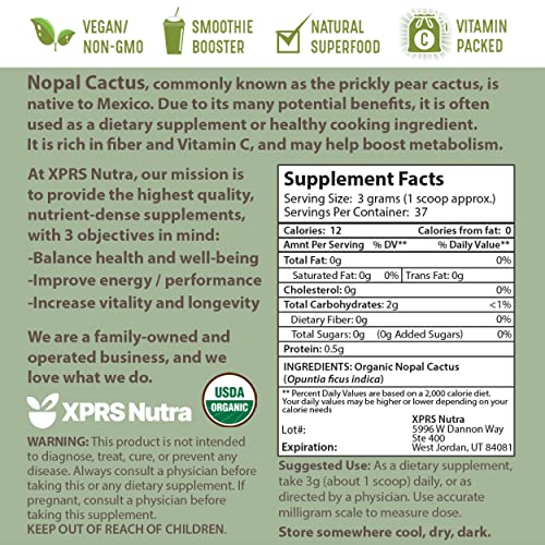 XPRS Nutra Organic Nopal Cactus Powder - Prickly Pear Supplement Nopal Powder from Mexico - High in Dietary Fiber, Calcium and Vitamin C - Nopal Powder Superfood for Digestion (4 oz) - Thumbnail 7