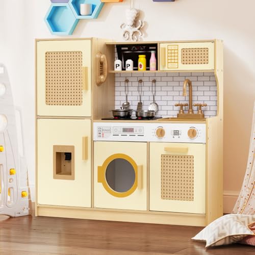 HONEY JOY Play Kitchen, Rattan Design Wooden Toy Kitchen Set for Toddlers, Stove with Lights & Water Dispenser, Range Hood, Cookware, Pretend Play Kids Kitchen Playset, Gift for Boys Girls (Yellow) - Image 2
