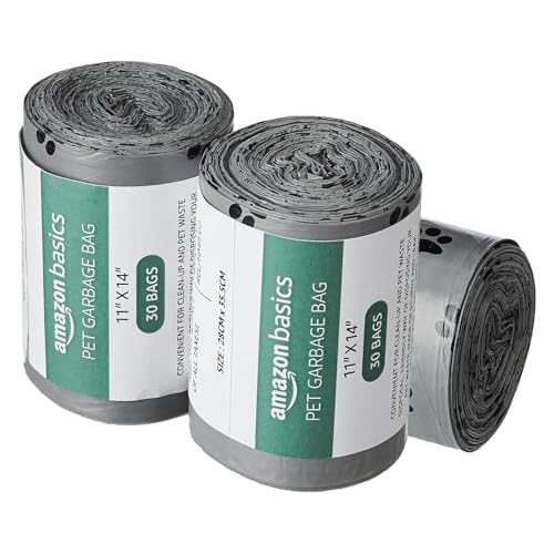 Image of Amazon Basics Pet Poop Bags with Fun Paw Print Design | Strong, Leak-Proof | Easy to Use | Unscented | Grey | 300 Count (30 Bags x 10 Rolls)