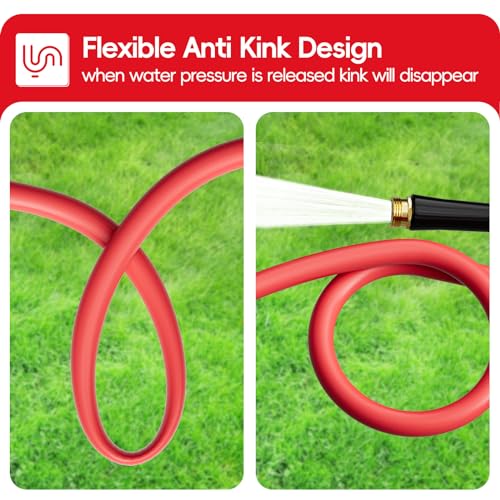 Rubber Garden Hose 5/8" X 75 Ft, Hot/Cold Water Hose -50℉ to 190℉, Flexible Lightweight, Heavy Duty Red Water Hose with 3/4" Brass Fittings, For Gardening, Outdoor, Farm by Fotoumgl - Image 6