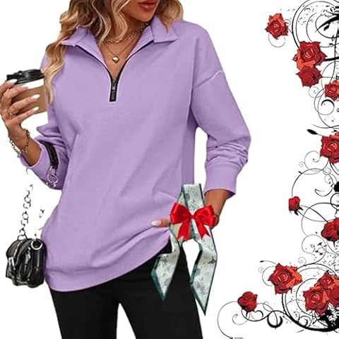 evitai Womens Zip-Up Dropped Shoulder Sweatshirt, Oversized Women's Sweatshirt, Long Sleeve Half Zip Pullover (Purple,Small) Cover