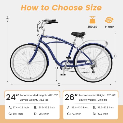 Image of Beach Cruiser Bike for Women and Men, 24 /26 Inch 7-Speed Adult Bicycle