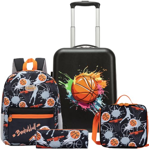 Image of Kids Basketball Carry on Luggage Set 5 Piece Kids Luggage with Spinner Wheels 16 inch Toddler Suitcase for Boys Airline Approved
