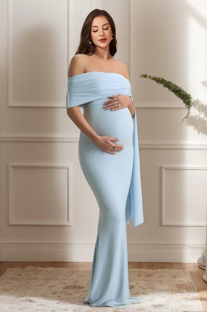 Satin Maternity Dress for Photoshoot Off The Shoulder Baby Maternity Dress with Draped sash
